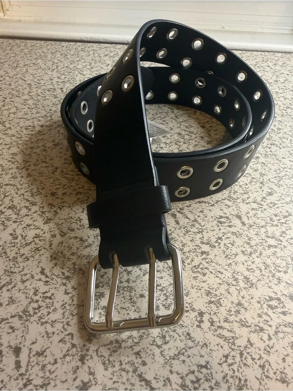 Y2K Rocker/Punk Black Grommet Faux Leather Belt Silver Buckle M/L